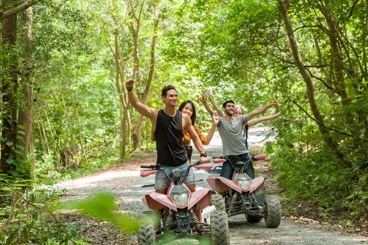 Group of riders on ATVs on a forest dirt trail
