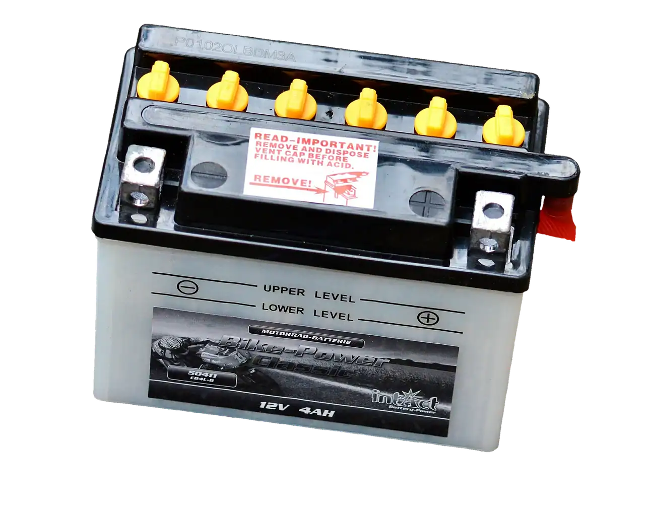 Small 12-volt motorcycle-style battery with terminals and upper and lower level marks