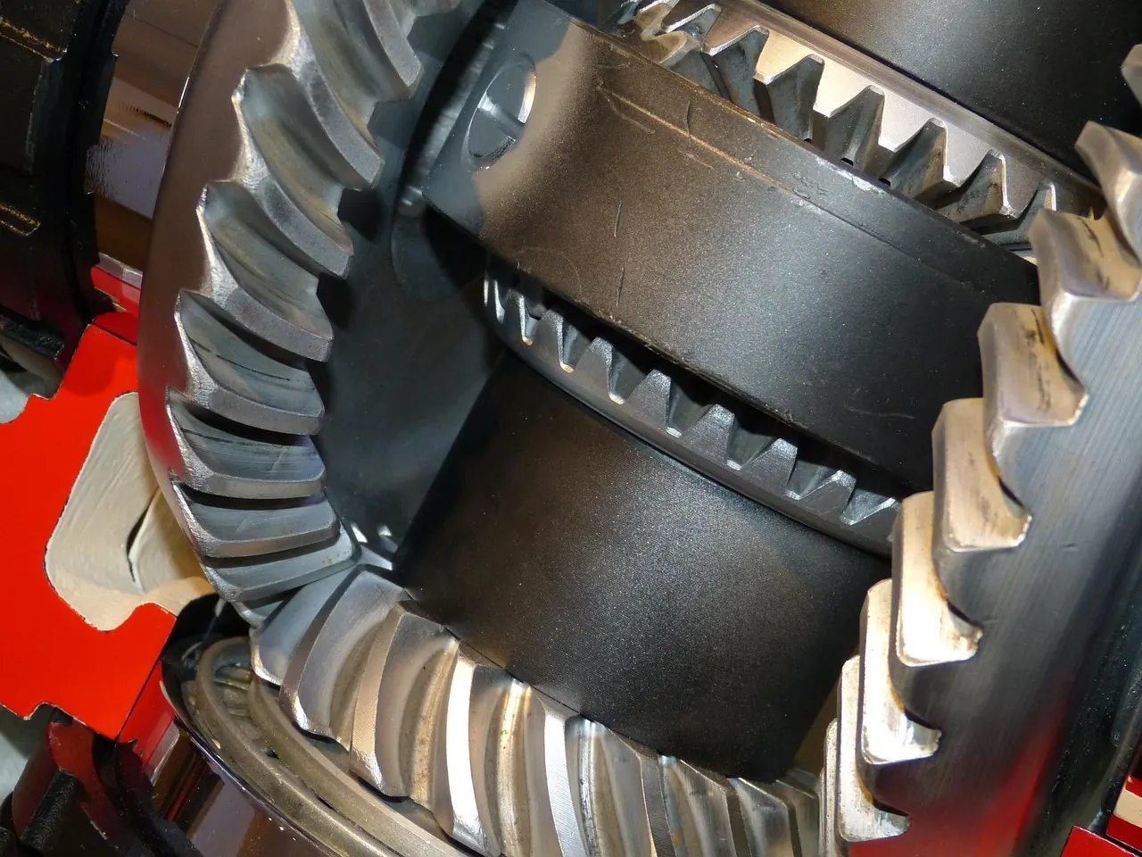 Close-up of a differential carrier with ring gear and spider gears
