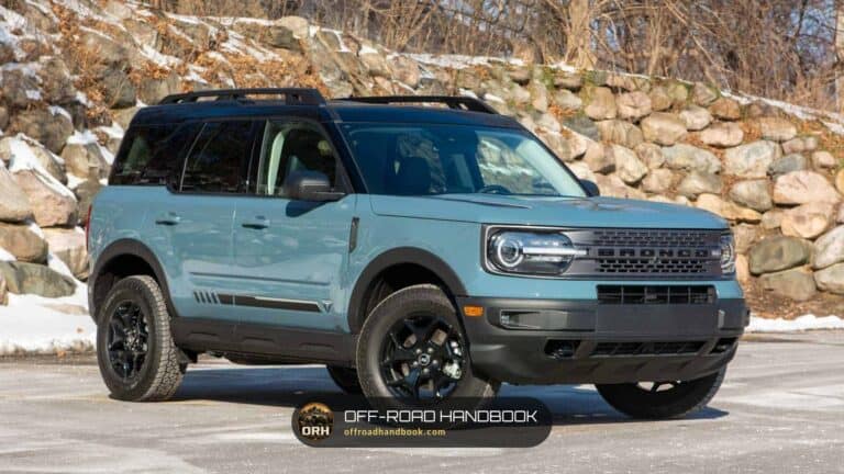Blue Ford Bronco Sport with black wheels and all-terrain tires parked on a plowed lot in front of a snow-dusted stone wall