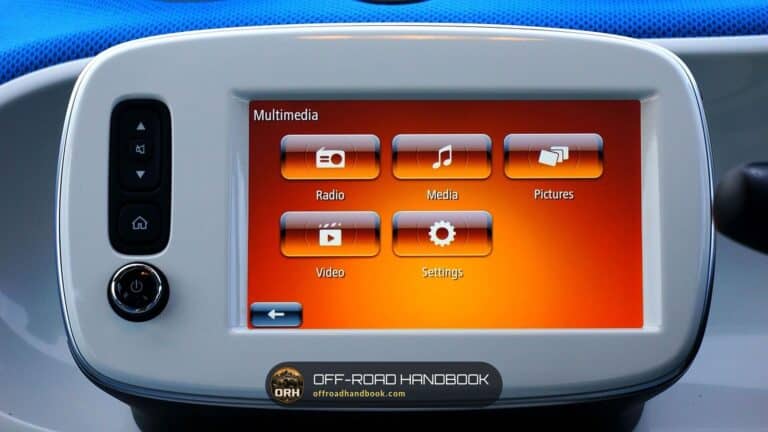 Car infotainment touchscreen showing a Multimedia menu with Radio, Media, Pictures, Video and Settings icons
