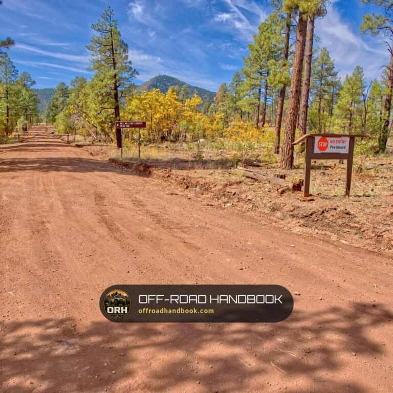 Wide red dirt forest road through ponderosa pines with a road sign — Off-Road Handbook