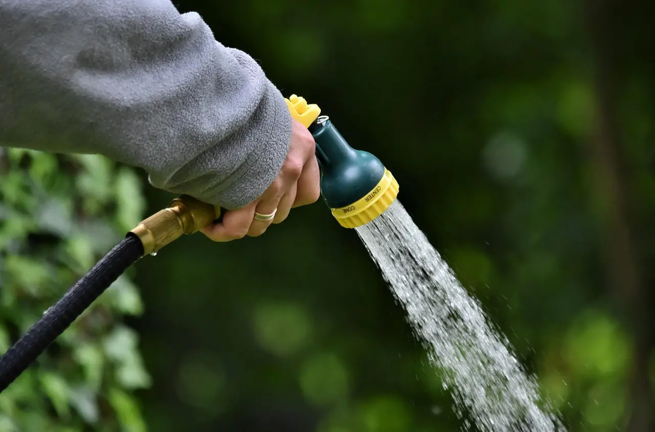 Hand holding a garden hose with a spray nozzle and water falling in a gentle spray