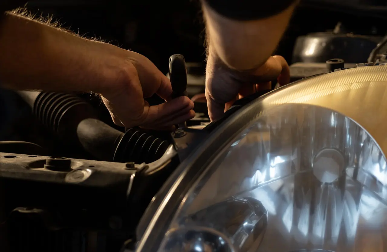 Hands working under the hood of a car beside the headlight