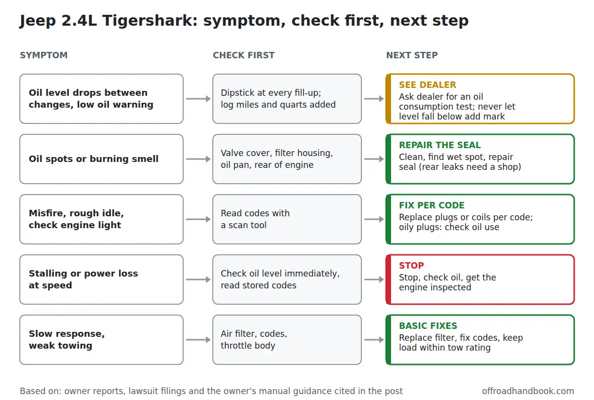 Flowchart of Jeep 2.4L Tigershark symptoms: oil level drops leads to dipstick checks and a dealer oil consumption test; oil spots lead to a seal repair; misfires lead to reading codes; stalling means stop and inspect; weak towing leads to air filter and code checks.