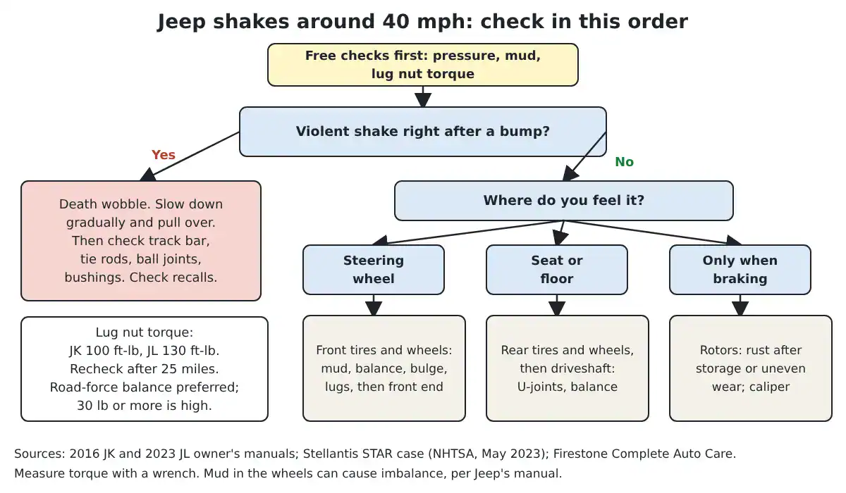 Flowchart for a Jeep that shakes around 40 mph: death wobble after a bump, or steering wheel, seat and braking shakes with what to check first