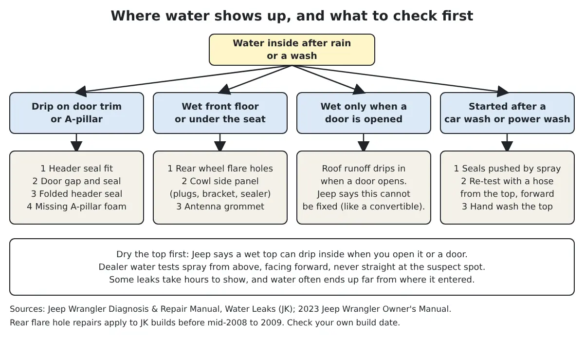 Flowchart showing where water appears inside a Jeep Wrangler after rain and what to check first: header seal, door gap, floor holes, door-open runoff and car wash spray