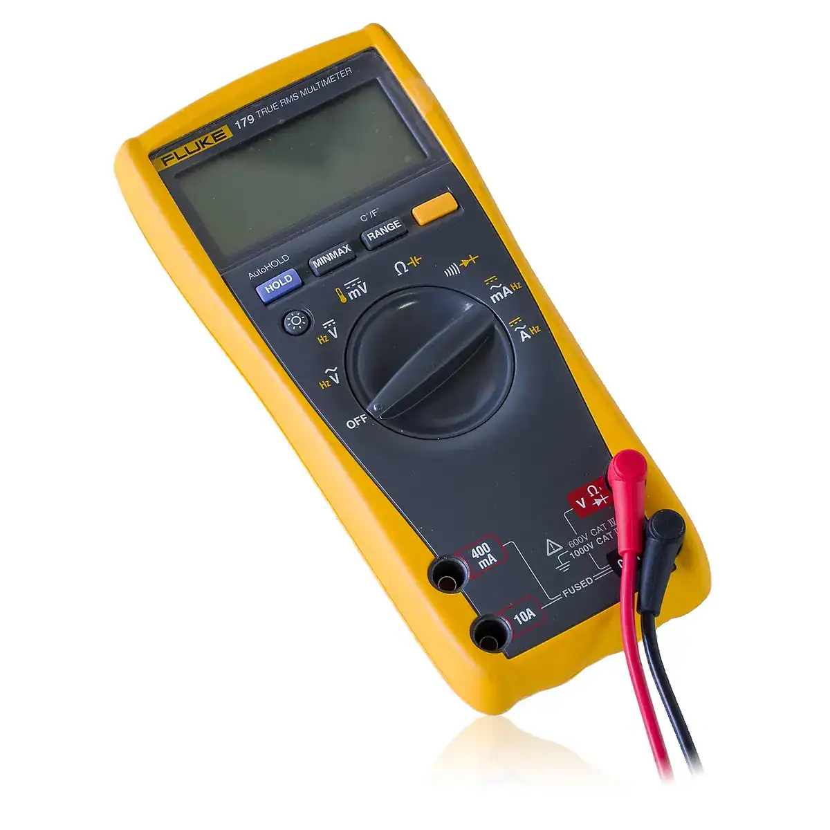 Yellow digital multimeter with red and black test leads used to check battery voltage and fuses