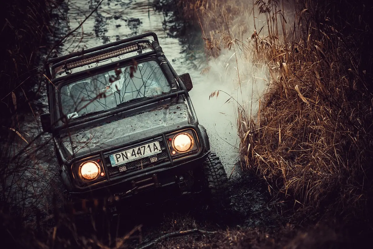 Dark 4x4 with headlights on driving through a muddy track between reeds; a generic off-road vehicle, not a specific model
