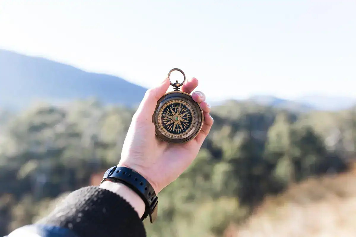 Hand holding a brass compass above a forested valley