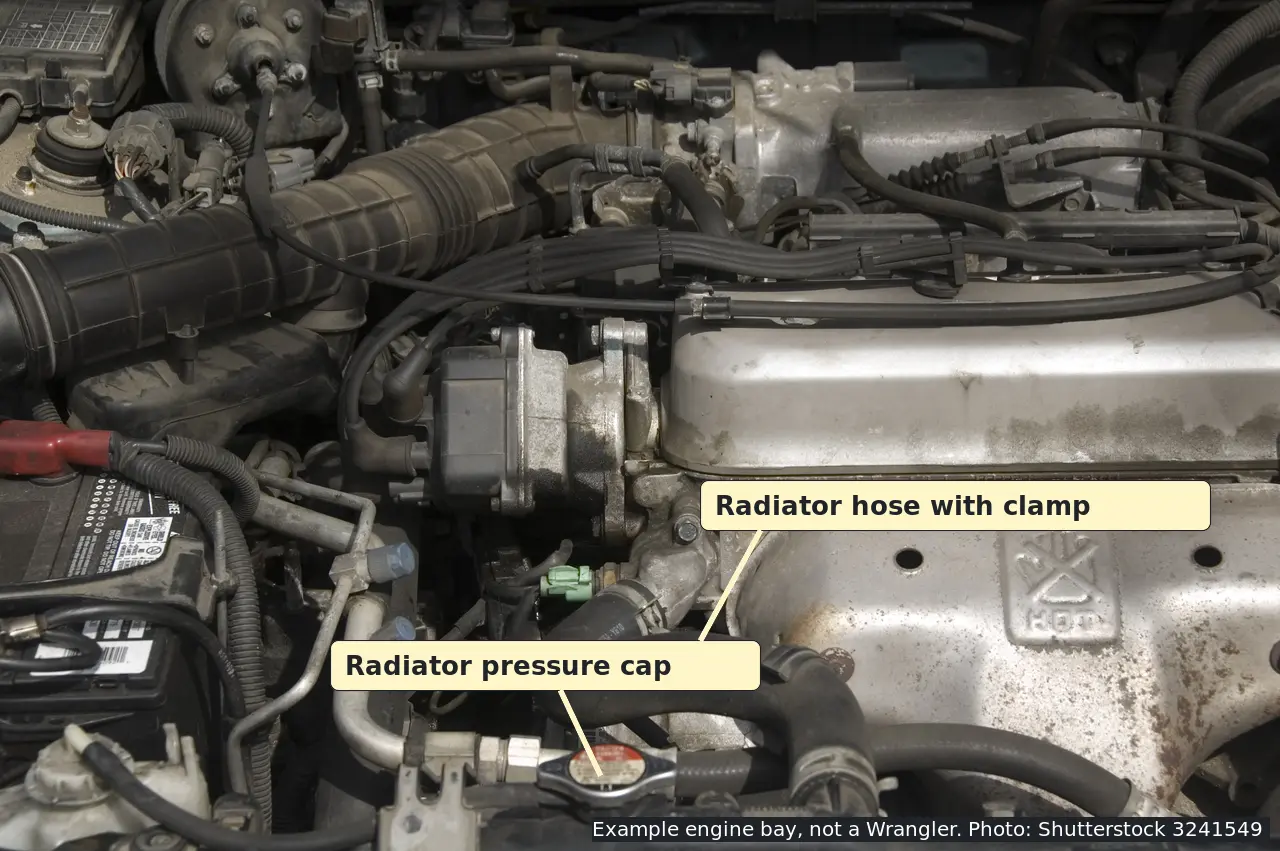 Engine bay with the radiator pressure cap and a radiator hose with a clamp labeled; an example engine, not a Wrangler