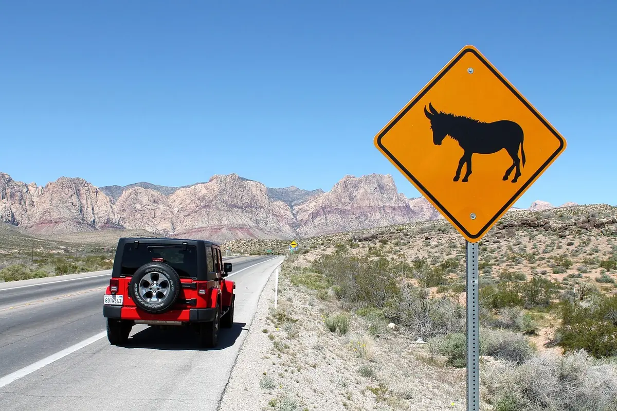 Red Jeep Wrangler on a desert highway beside a wild burro crossing sign