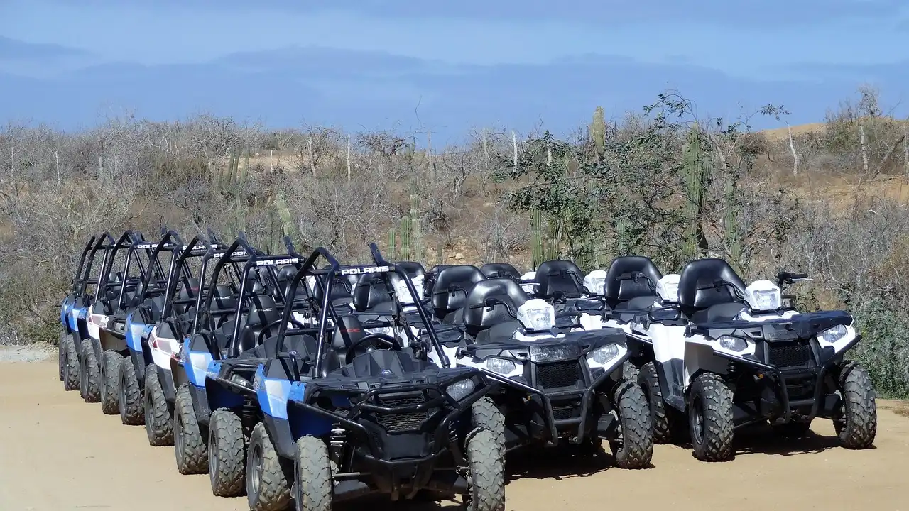 Row of identical side-by-side vehicles parked on sand