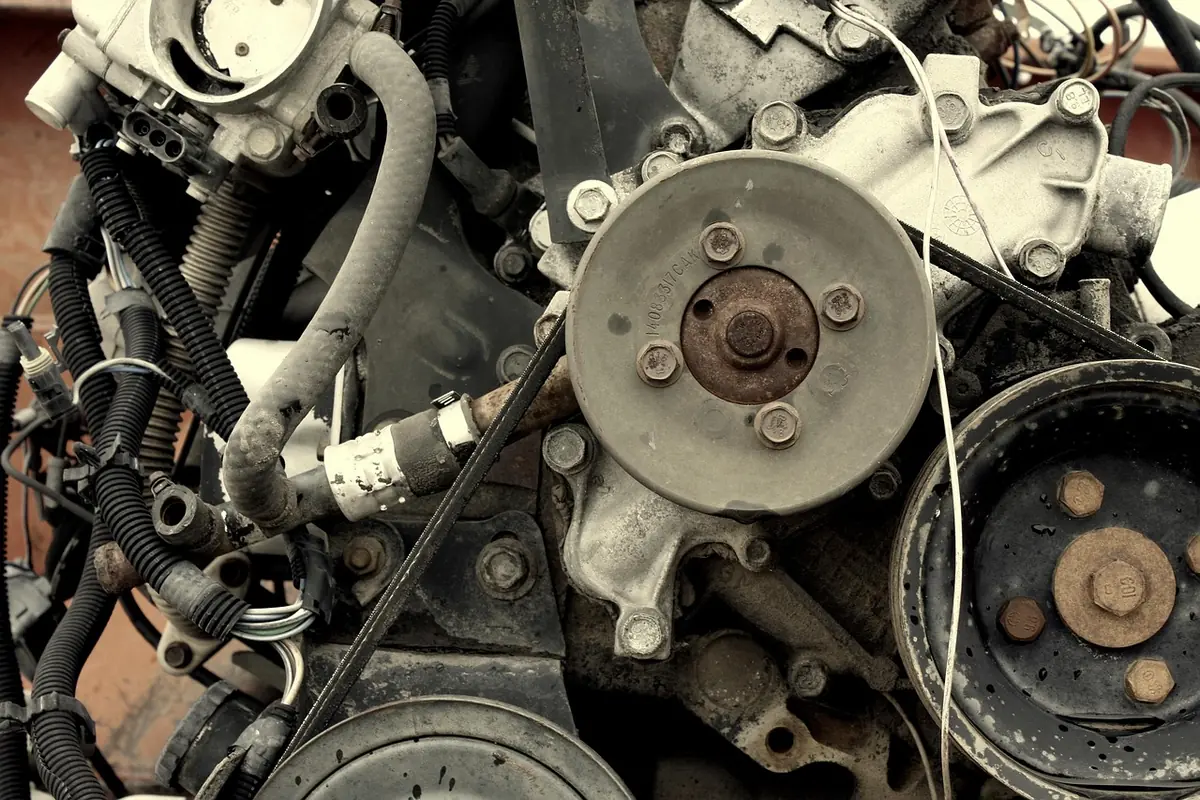 Close-up of an engine with belt-driven pulleys, water pump and coolant hoses (stock photo of a car engine, not a Pro XP)