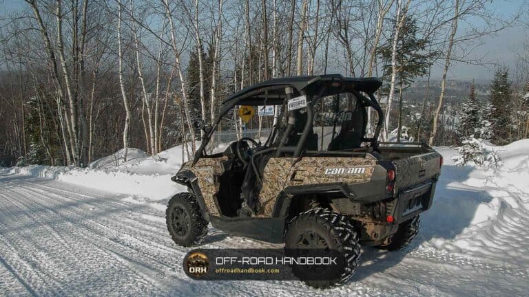 Camouflage side-by-side UTV parked on a snow-packed trail through birch woods (generic photo, not a Polaris RZR Pro XP)