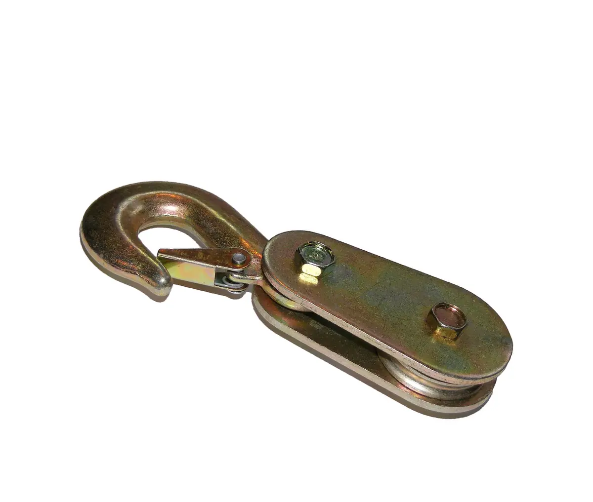 Steel snatch block with a hook and a side plate that swings open so the rope can be laid over the sheave