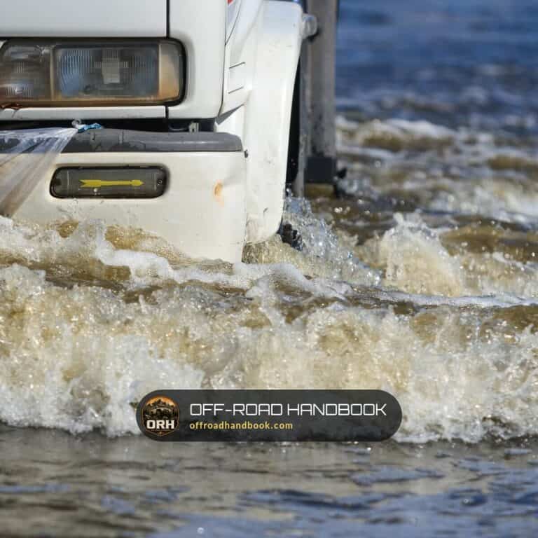 SUV driving through flood water, for the water fording calculator