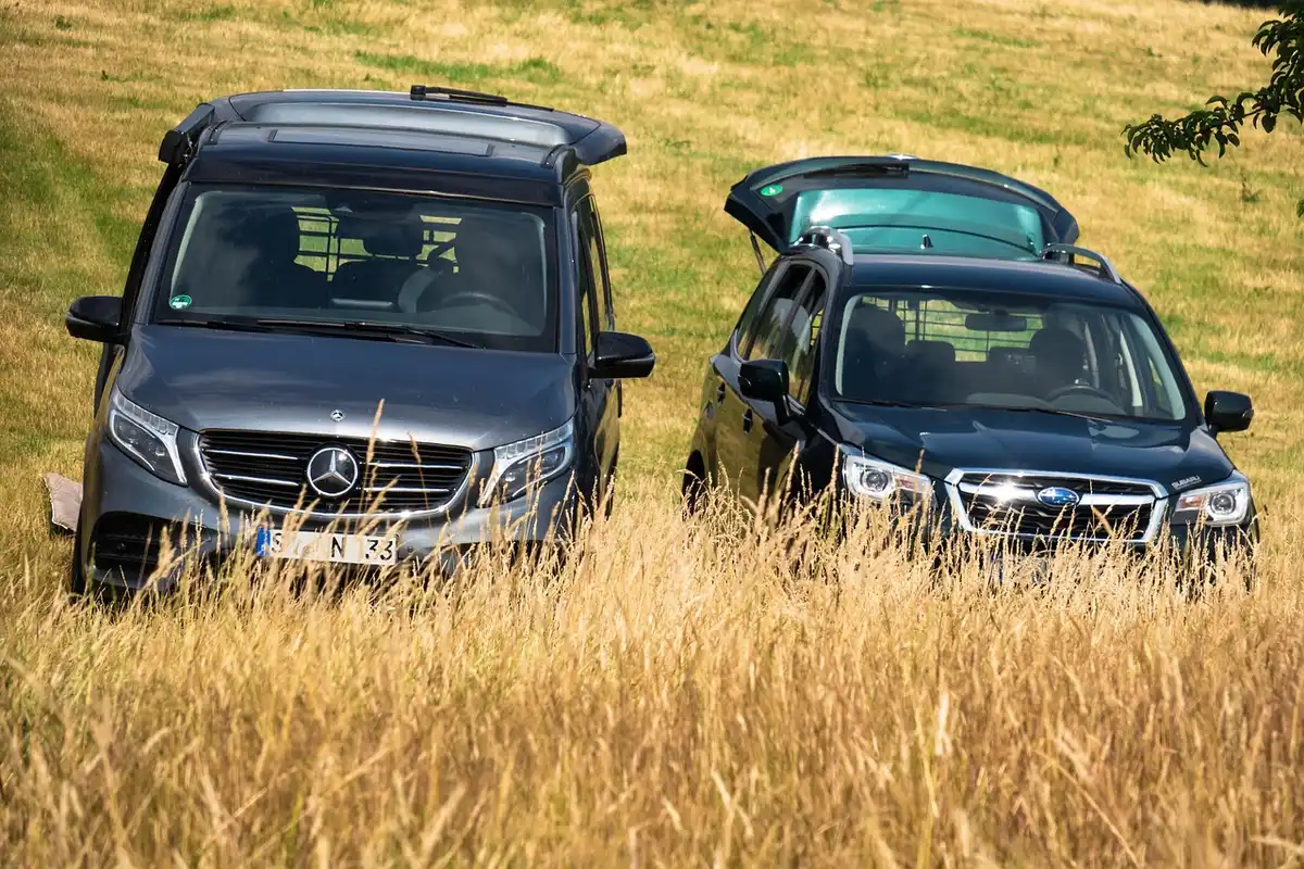 Dark SUV parked in a grass field with its rear liftgate raised, next to a gray van