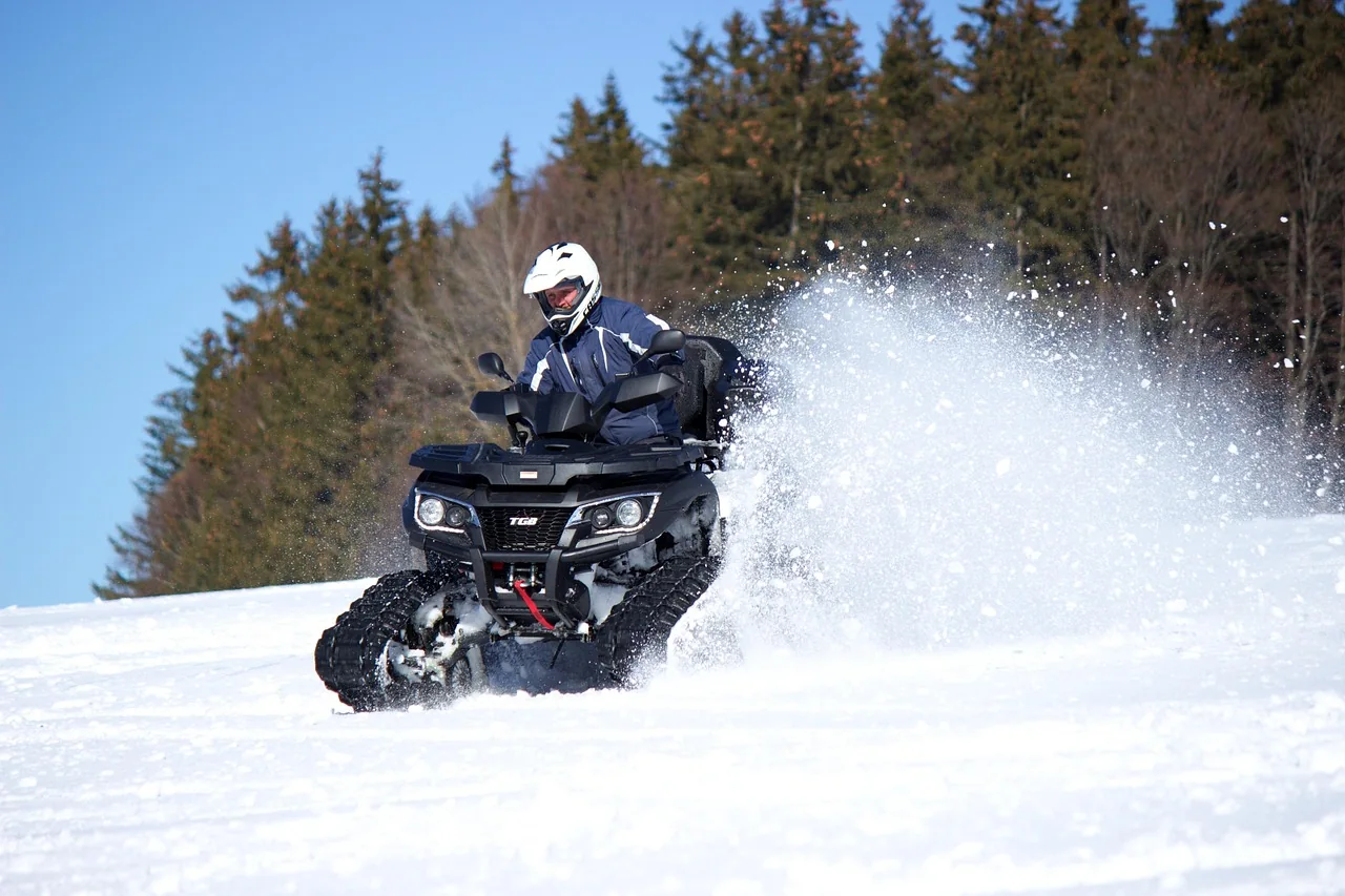 Rider in a white helmet on a tracked ATV throwing up snow beside a spruce forest