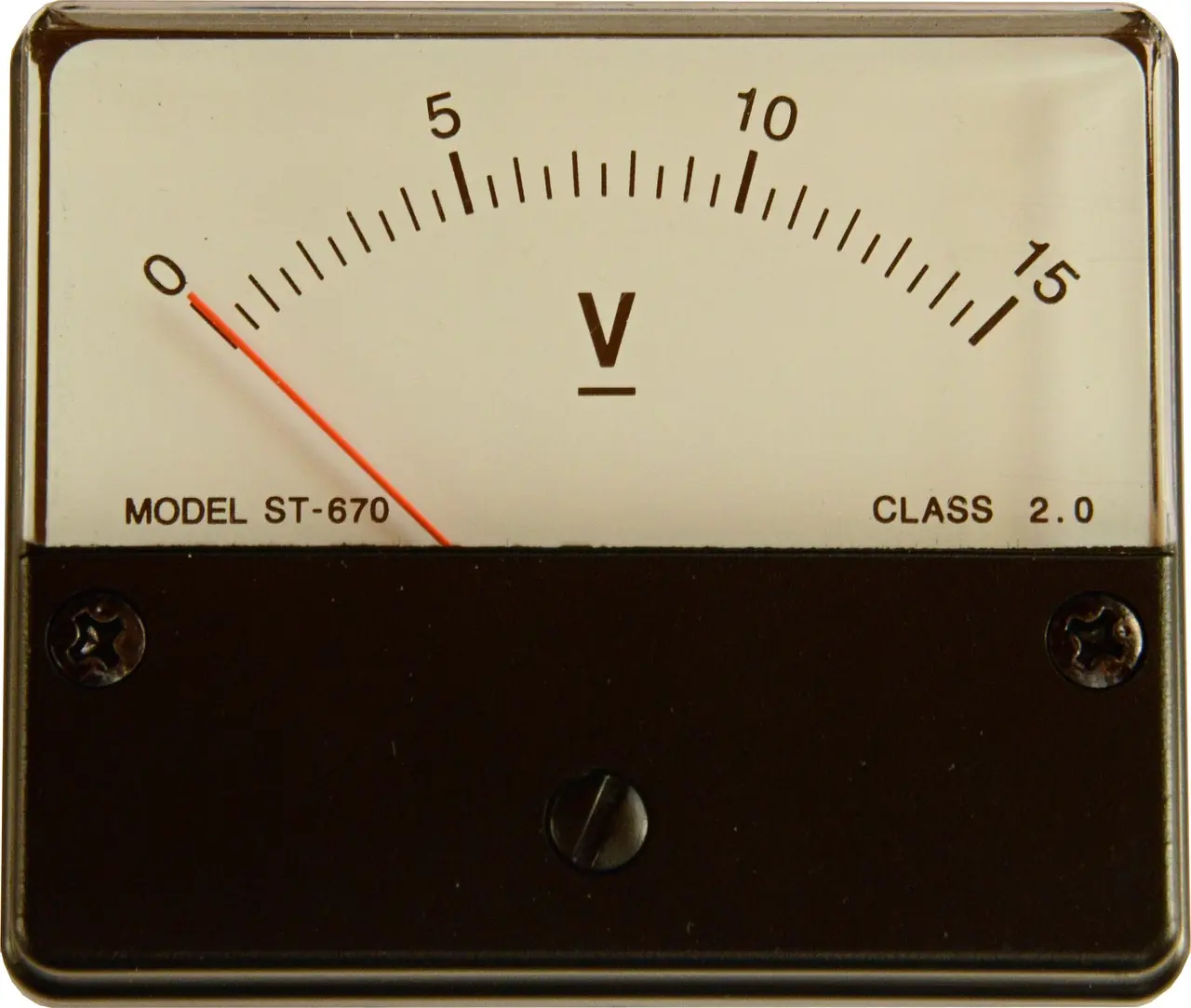 Analog voltmeter dial reading zero volts, a stock photo of the kind of gauge used to check battery voltage