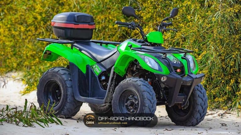 A green utility ATV with a rear storage box parked on sand next to bushes (not a Tracker model)