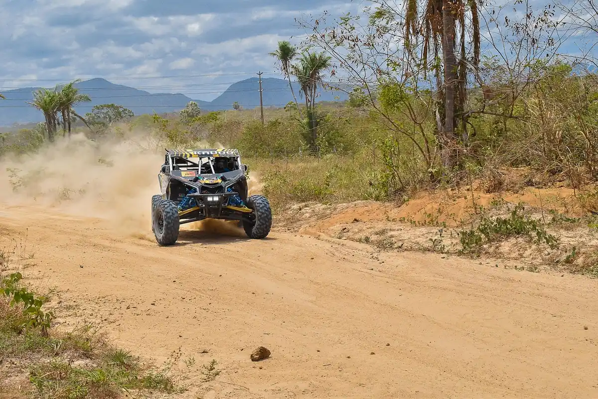 A side-by-side kicking up dust on a sandy dirt road with palm trees and hills behind it