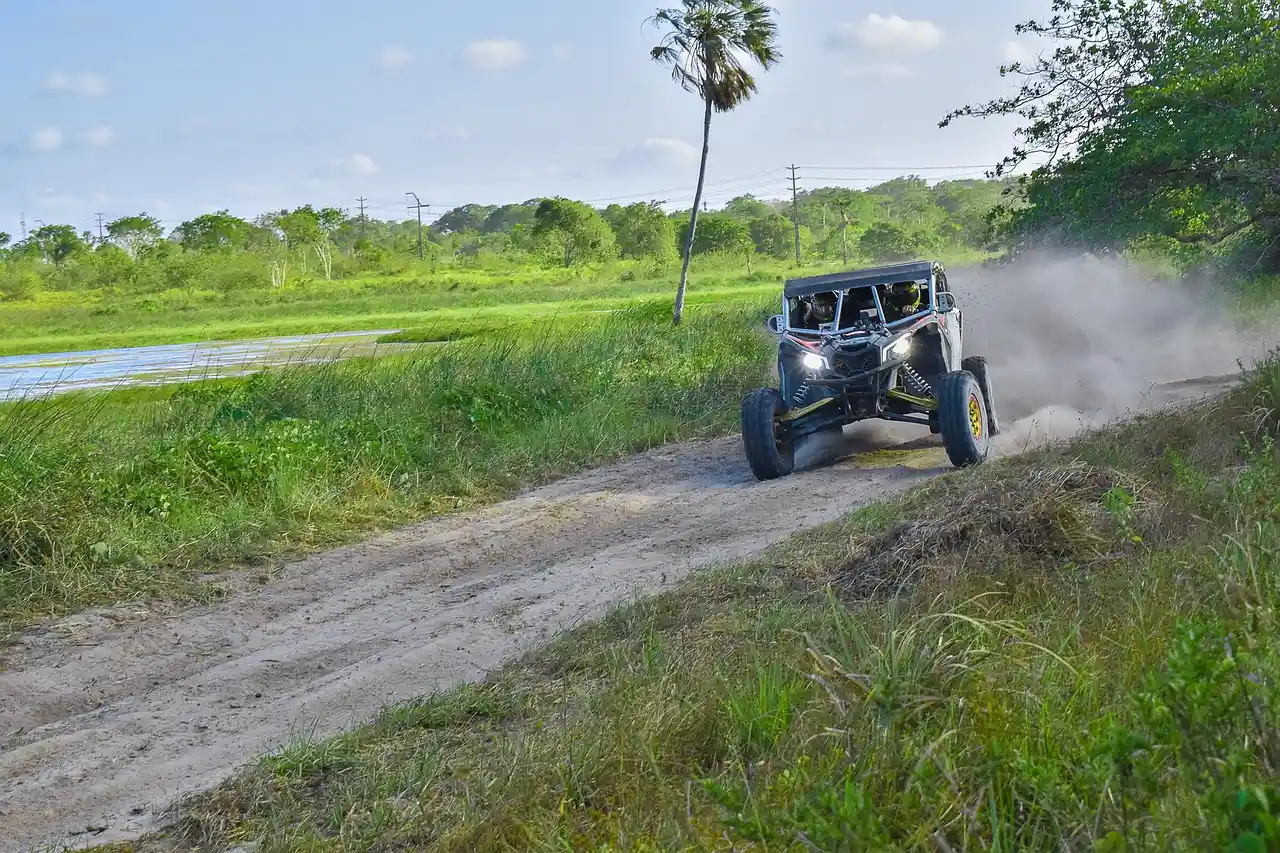 Side-by-side vehicle throwing up dust on a sandy trail between green grass