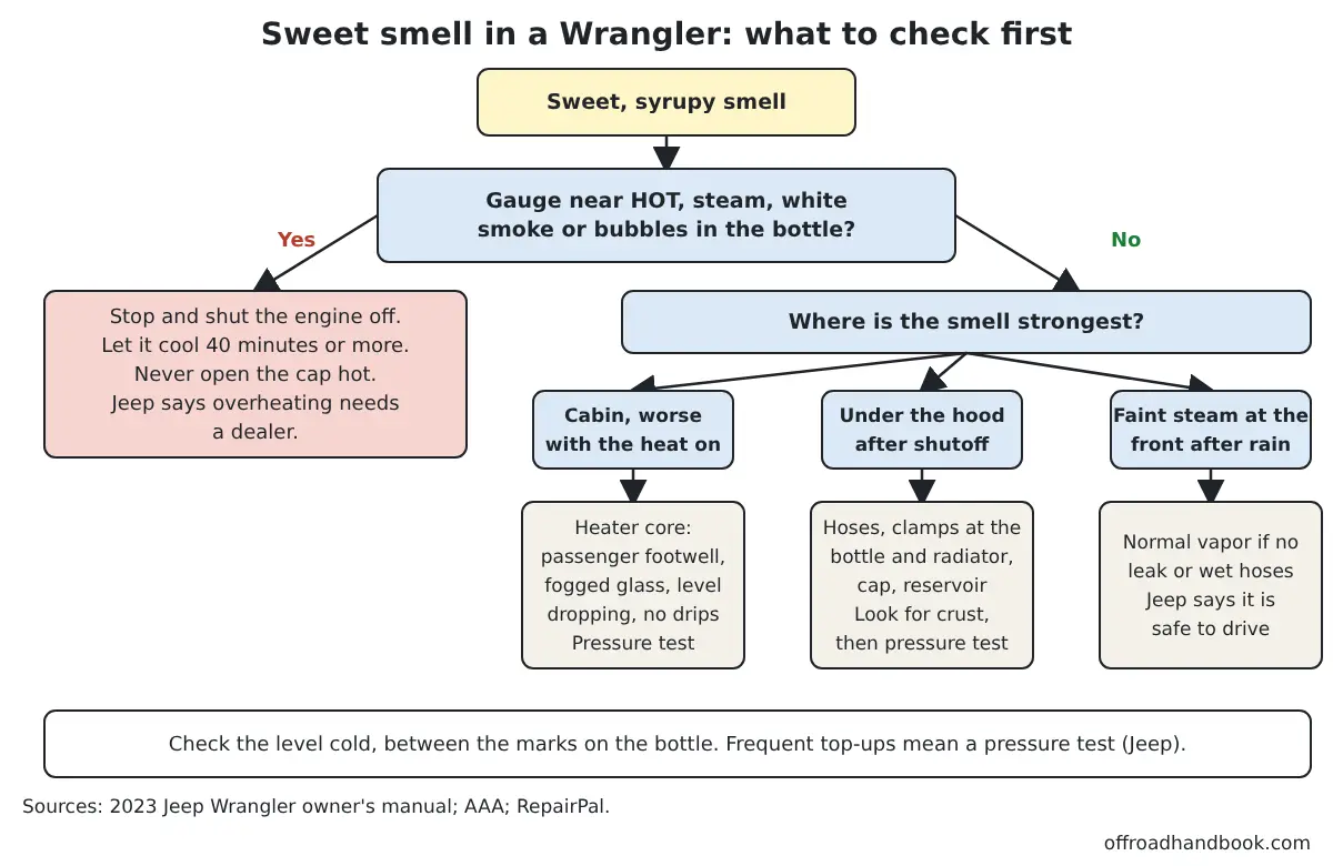 Flowchart for a sweet smell in a Jeep Wrangler: stop if the gauge is high, otherwise check the heater core, hoses and cap, or normal vapor after rain